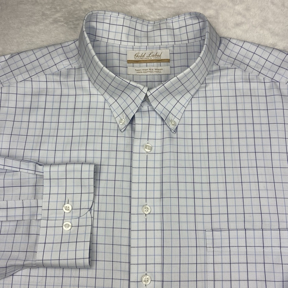 Roundtree & Yorke Gold Label Dress Shirt Mens 19-36/37 BIG Lt. Blue Checks‎